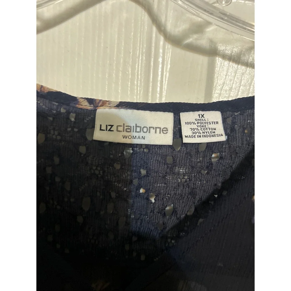 Liz Claiborne Navy Floral Sheer Button Front Blouse - Picture 2 of 3